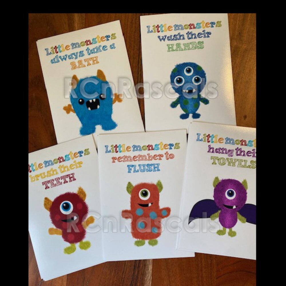 Set of 5 Little Monsters Bathroom Reminder Prints — 5x7 Wall Decor 👾 NEW